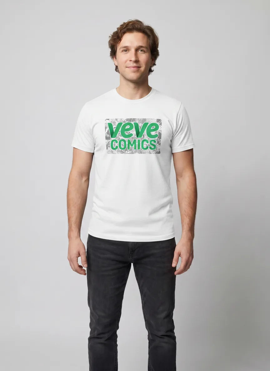 VeVe Comic T-Shirt — digital comics fandom tee in white, modeled front view from Common Club