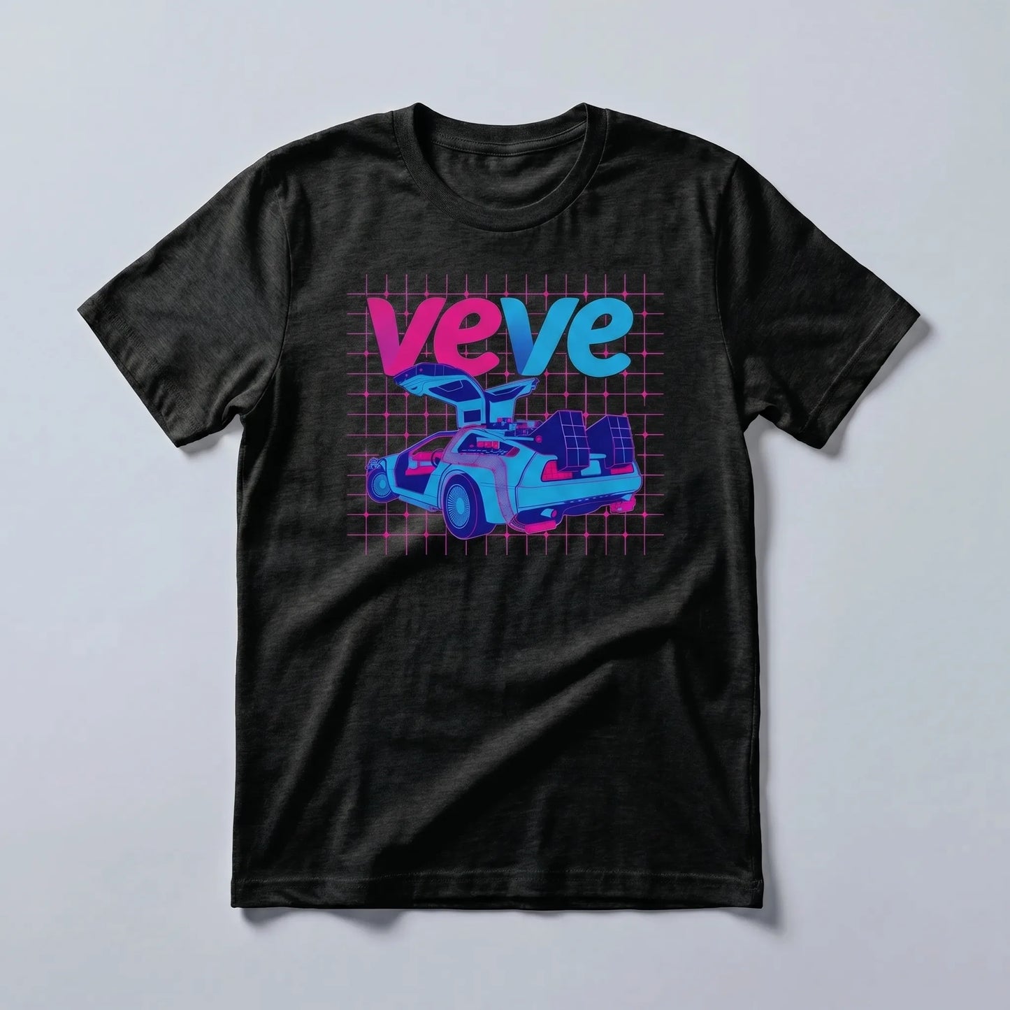 VeVe Delorean T-Shirt — VeVe DeLorean tee in black heather, flat-lay front view from Common Club