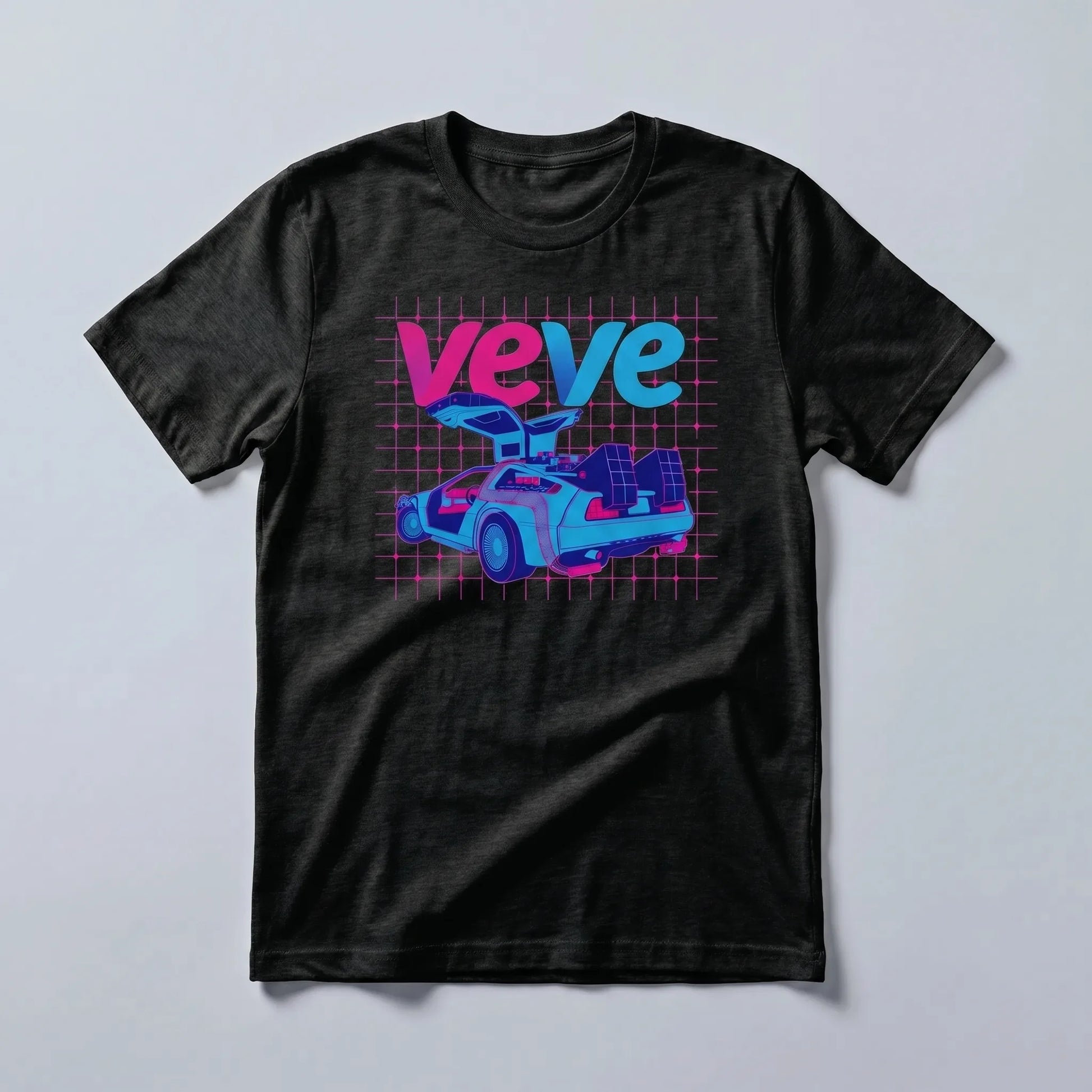 VeVe Delorean T-Shirt — VeVe DeLorean tee in black heather, flat-lay front view from Common Club