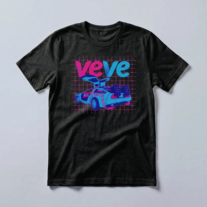 VeVe Delorean T-Shirt — VeVe DeLorean tee in black heather, flat-lay front view from Common Club