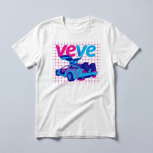 VeVe DeLorean T-Shirt — sci-fi collector tee in white, flat-lay front view from Common Club