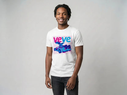 VeVe DeLorean T-Shirt — sci-fi collector tee in white, modeled front view from Common Club