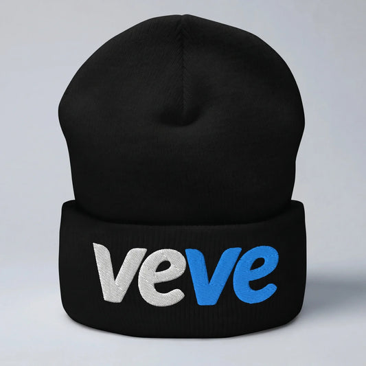 Veve Digital Collectibles Logo Cuffed Beanie — front view from Common Club, veVe logo embroidered on black cuffed knit beanie, light grey studio backdrop