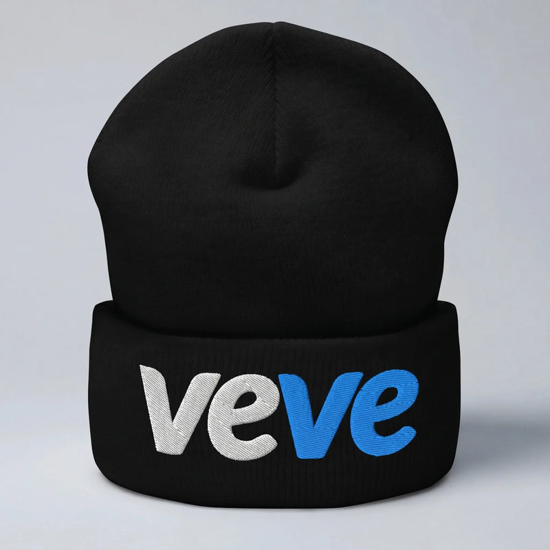 Veve Digital Collectibles Logo Cuffed Beanie — front view from Common Club, veVe logo embroidered on black cuffed knit beanie, light grey studio backdrop
