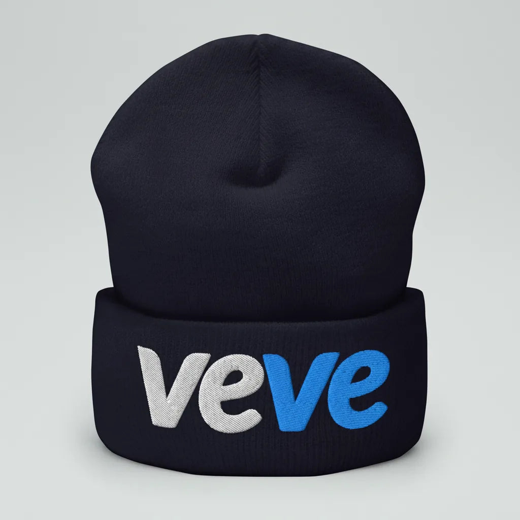 Veve Digital Collectibles Logo Cuffed Beanie — Navy color variant, flatlay from Common Club