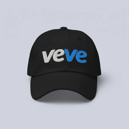 Veve Digital Collectibles New Logo Dad Hat — front view from Common Club, veVe logo embroidered on black unstructured dad hat