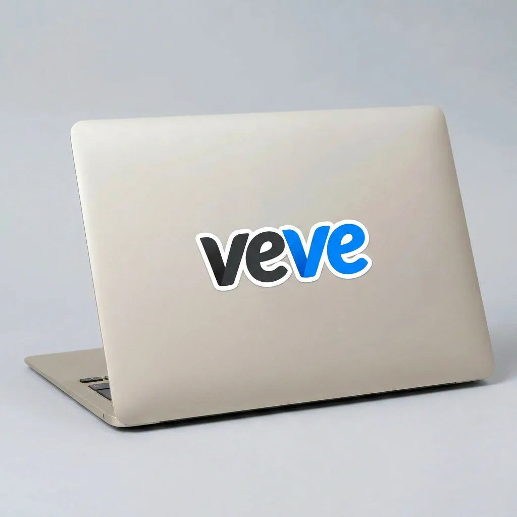 Veve Digital Collectibles New Logo Sticker — applied to unbranded laptop lid, lifestyle from Common Club