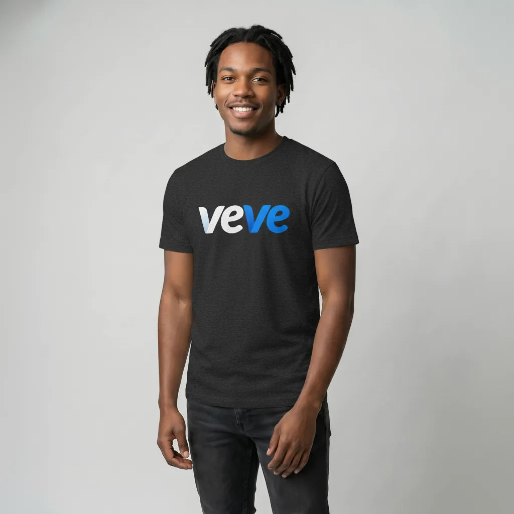 Veve Digital Collectibles New Logo T-Shirt — VeVe new era collector tee in black heather, modeled front view from Common Club