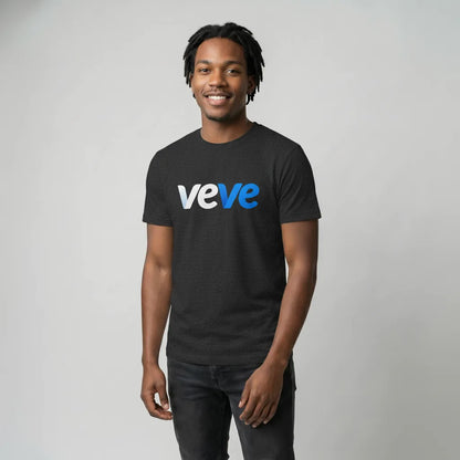 Veve Digital Collectibles New Logo T-Shirt — VeVe new era collector tee in black heather, modeled front view from Common Club