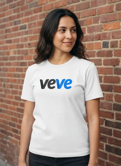 Veve Digital Collectibles Logo T-Shirt — VeVe classic logo tee in white, modeled at urban daytime wall