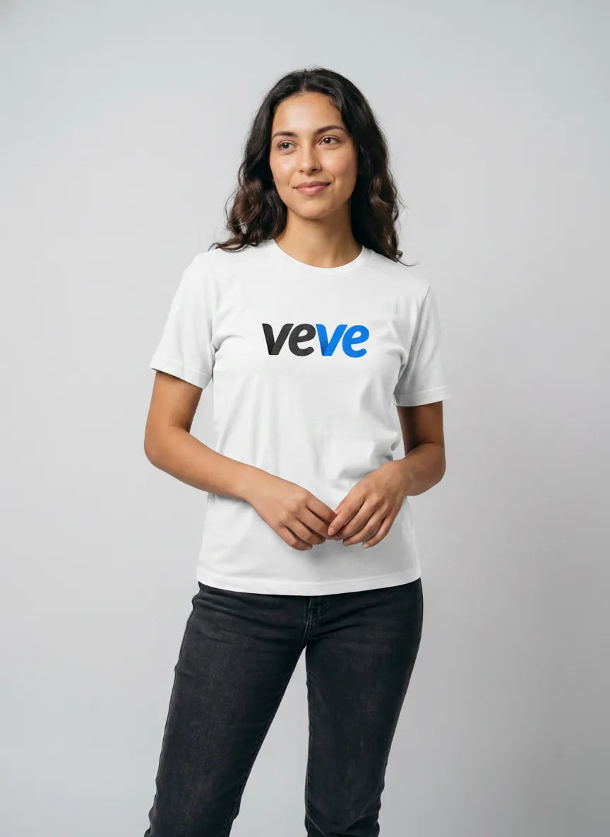 Veve Digital Collectibles Logo T-Shirt — VeVe classic logo tee in white, modeled front view from Common Club