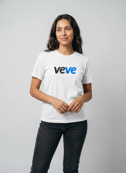 Veve Digital Collectibles Logo T-Shirt — VeVe classic logo tee in white, modeled front view from Common Club
