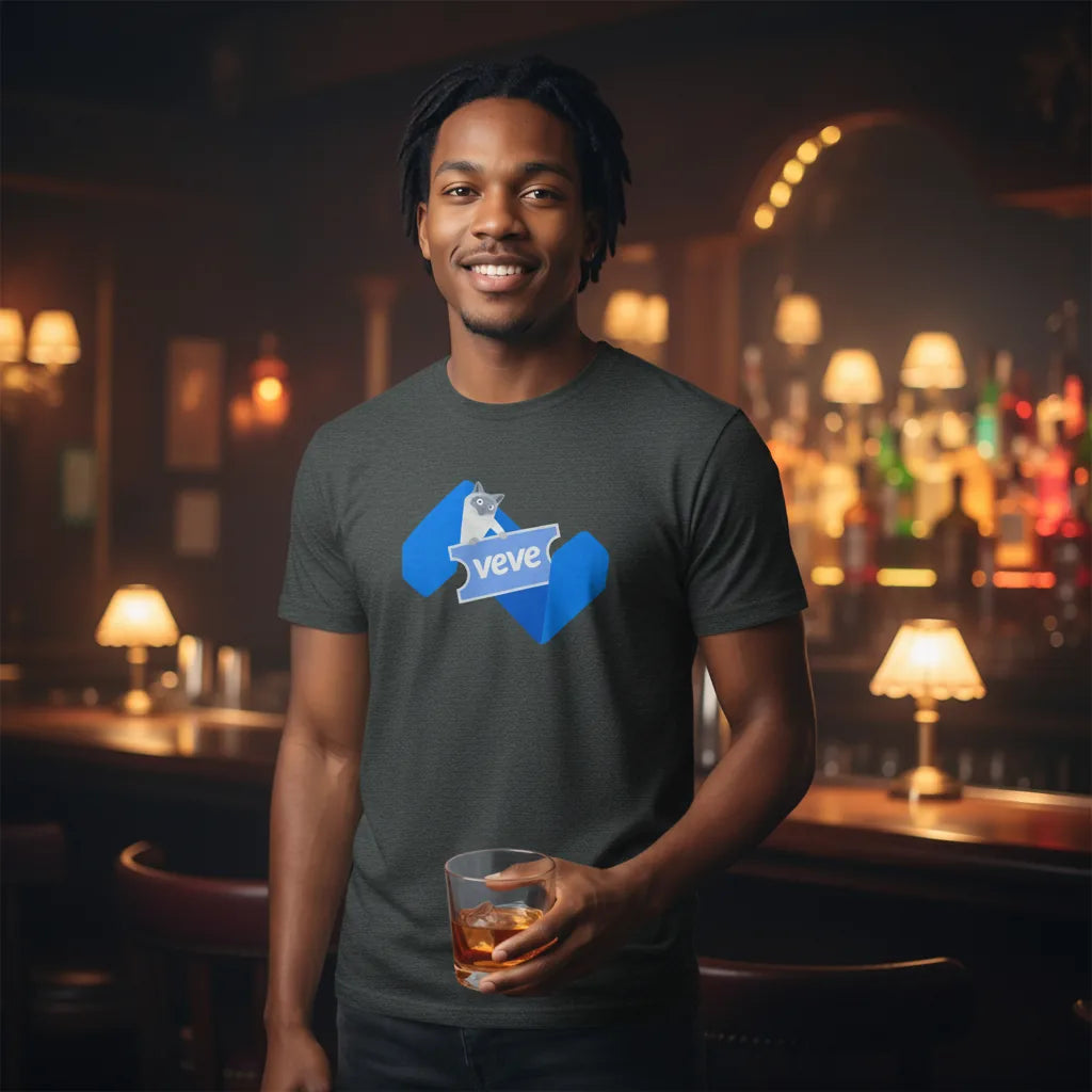 VeVe Drink Ticket Tee — digital event collectible tee in dark heather, modeled at club with cocktail