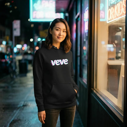 VeVe Logo Glitch Premium Hoodie — fandom collecting hoodie from Common Club, modeled at night street