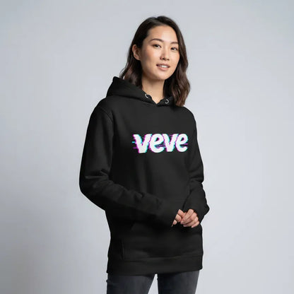 VeVe Logo Glitch Premium Hoodie — fandom collecting hoodie from Common Club, modeled front view studio