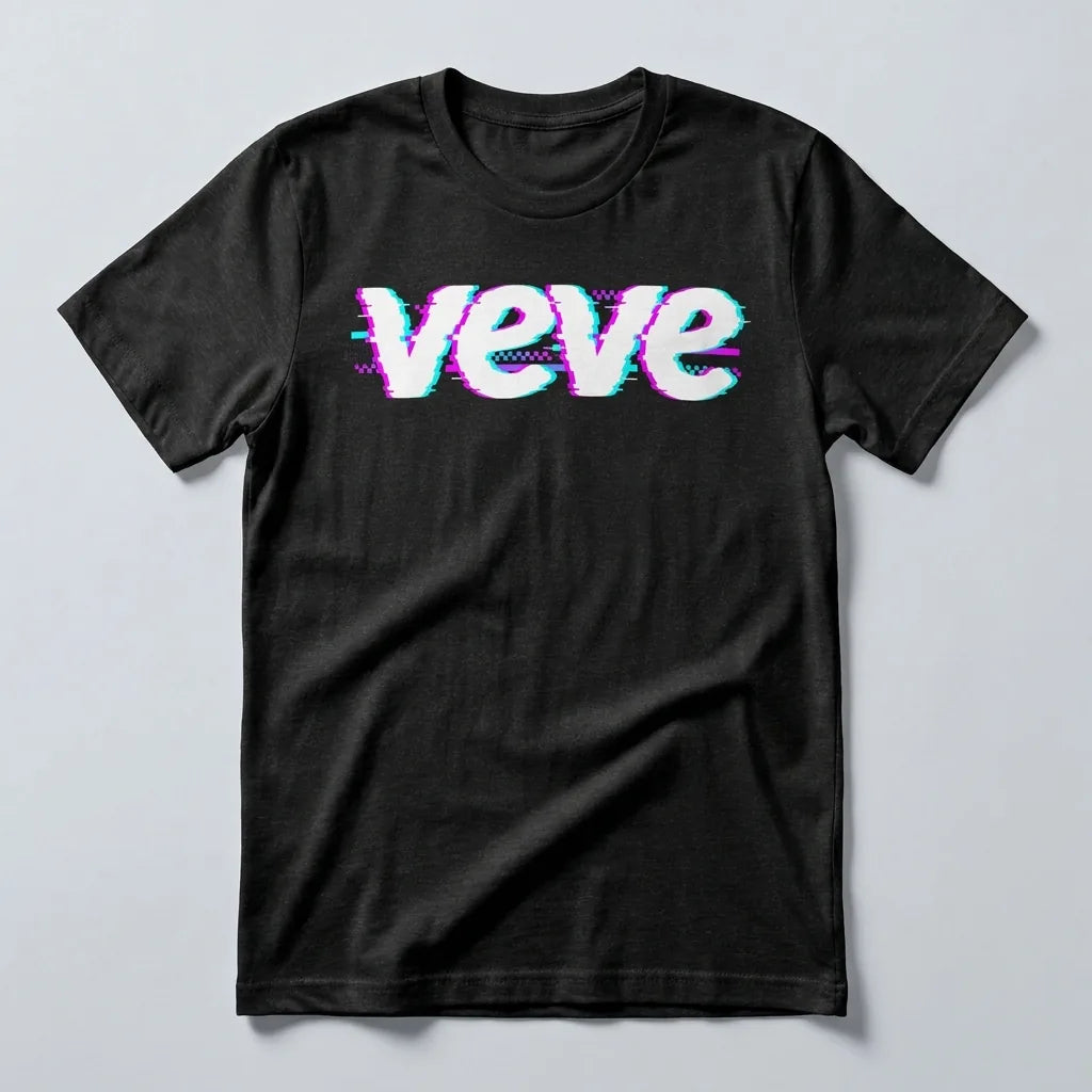 VeVe Logo Glitch T-Shirt — glitch-art collector tee in black, flat-lay front view