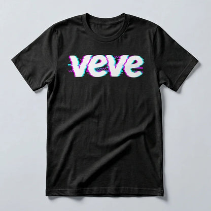 VeVe Logo Glitch T-Shirt — glitch-art collector tee in black, flat-lay front view
