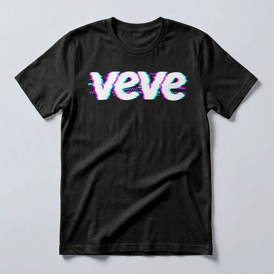 VeVe Logo Glitch T-Shirt — glitch-art collector tee in black, flat-lay front view