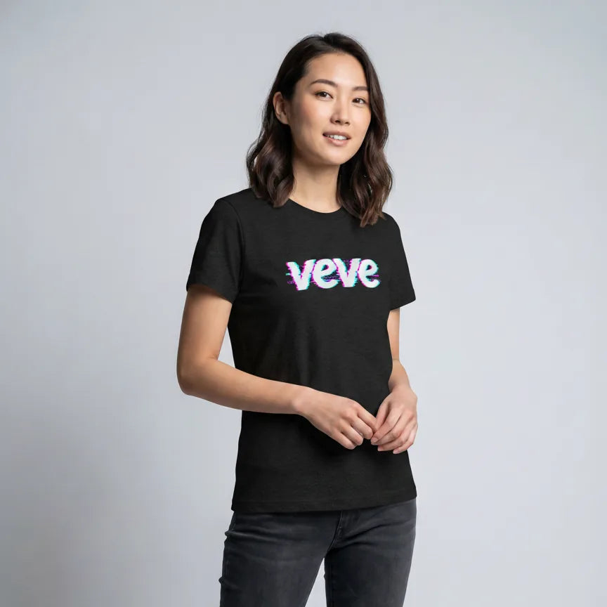 VeVe Logo Glitch T-Shirt — glitch-art collector tee in black, modeled front view