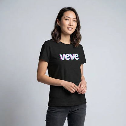 VeVe Logo Glitch T-Shirt — glitch-art collector tee in black, modeled front view