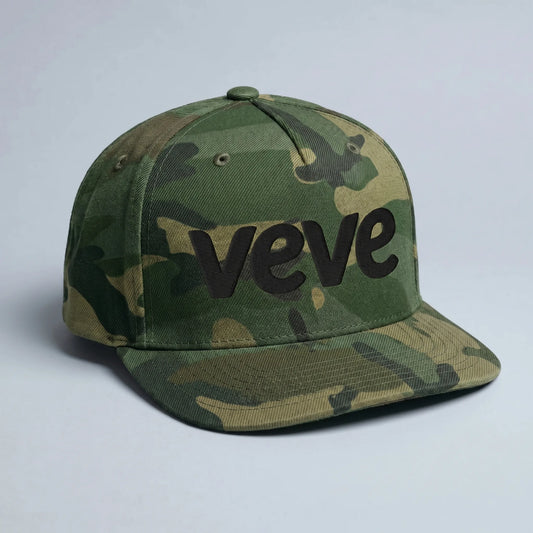Veve Logo Camo Snapback Hat Black — front view from Common Club, VeVe logo embroidered on green camo flat-bill snapback