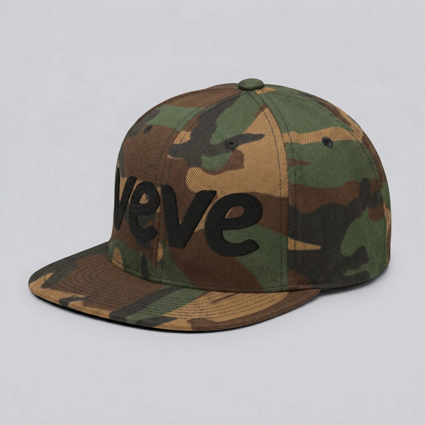 Veve Logo Camo Snapback Hat Black — side view from Common Club, green camo fabric with flat bill profile