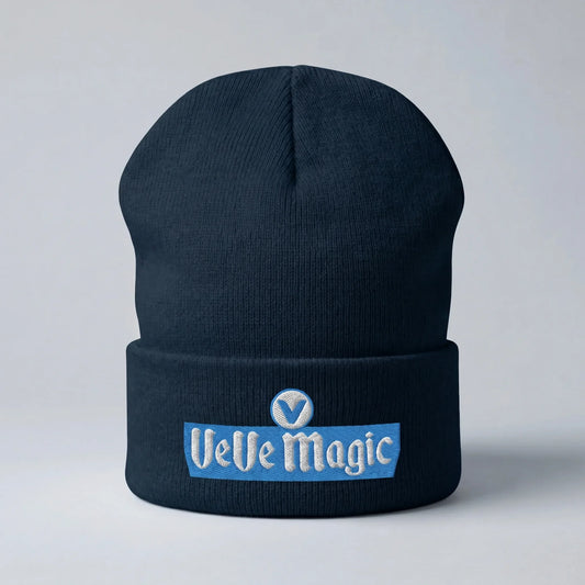 VeVe Magic Beanie — front view from Common Club, VeVe Magic logo embroidered on navy cuffed knit beanie, light grey studio backdrop