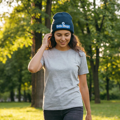 VeVe Magic Beanie — modeled at outdoor park, navy beanie with VeVe Magic embroidery worn naturally