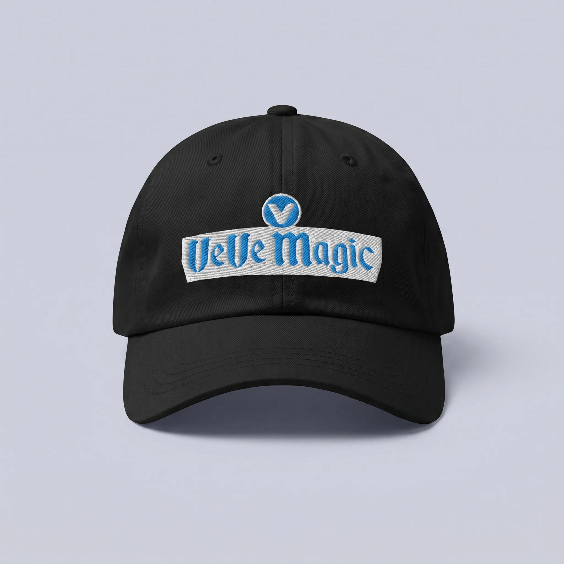 VeVe Magic Dad Hat — front view from Common Club, VeVe Magic logo embroidered on black unstructured dad hat