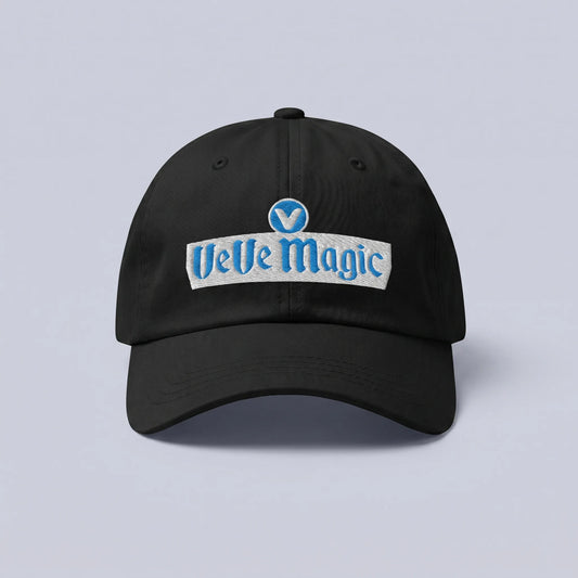 VeVe Magic Dad Hat — front view from Common Club, VeVe Magic logo embroidered on black unstructured dad hat