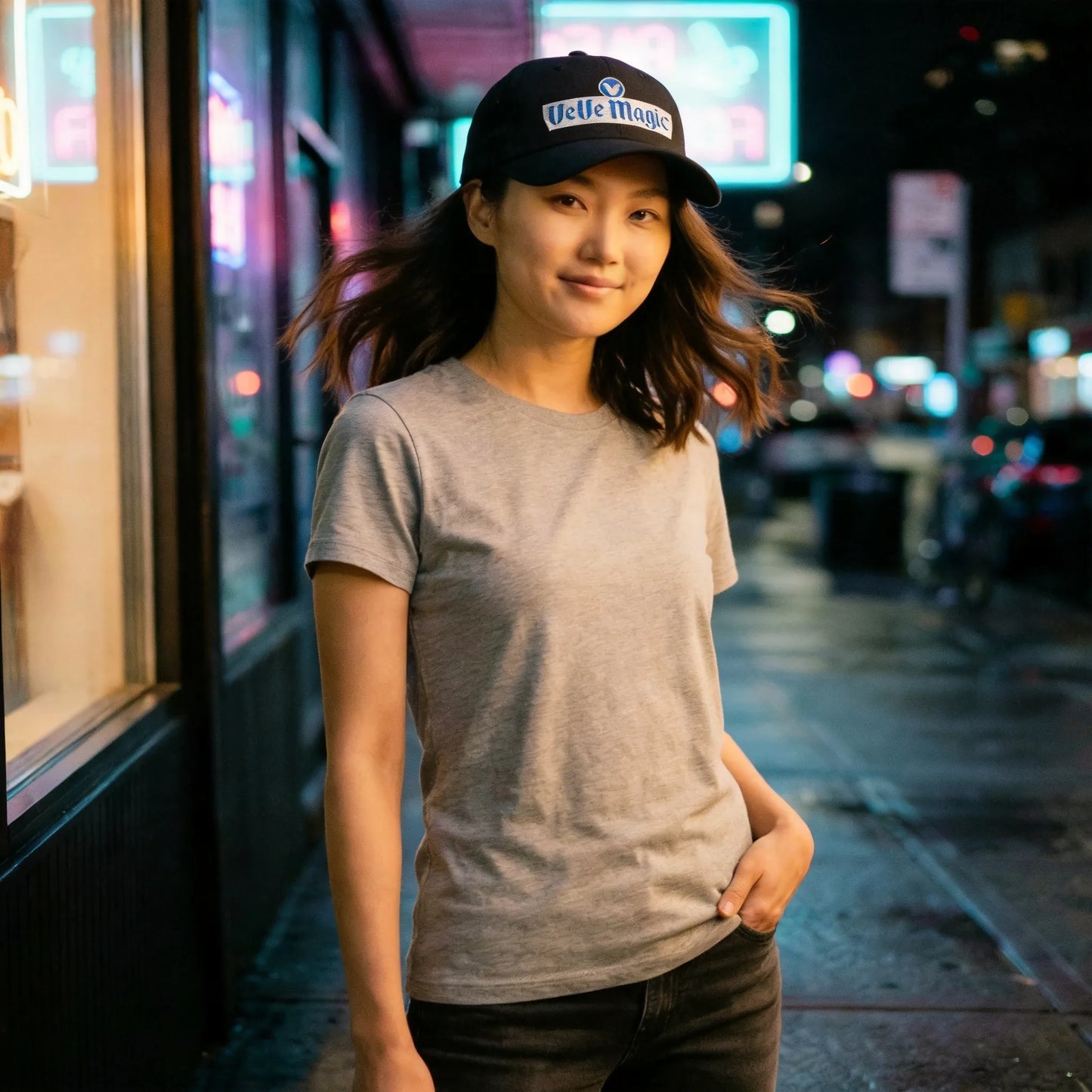 VeVe Magic Dad Hat — modeled at urban night street, black dad hat with VeVe Magic embroidery worn naturally