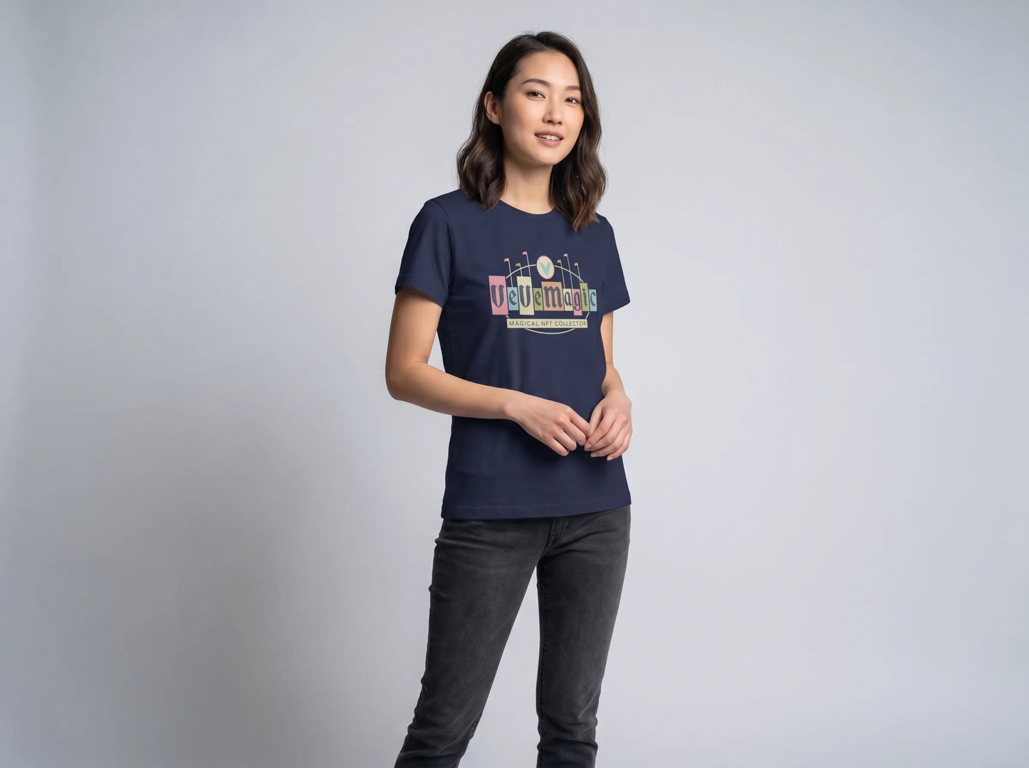 VeVe Magic T-Shirt — fandom collecting tee in navy, modeled front view from Common Club