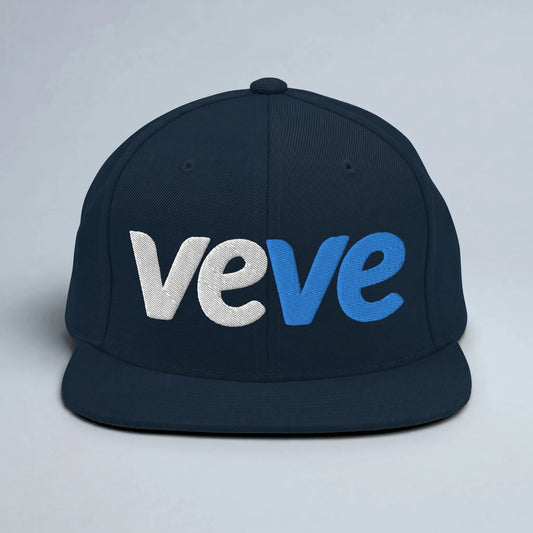 VeVe New Logo Snapback Hat — front view from Common Club, veVe logo embroidered on dark navy flat-bill snapback
