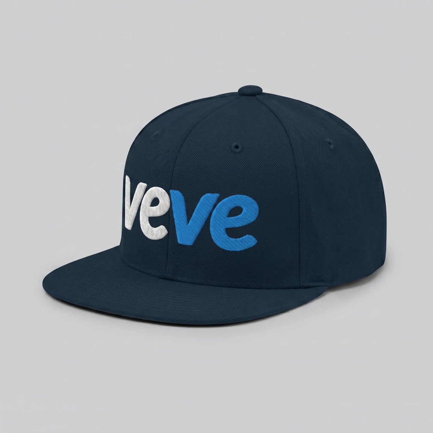 VeVe New Logo Snapback Hat — side view from Common Club, dark navy snapback with flat bill profile and veVe embroidery