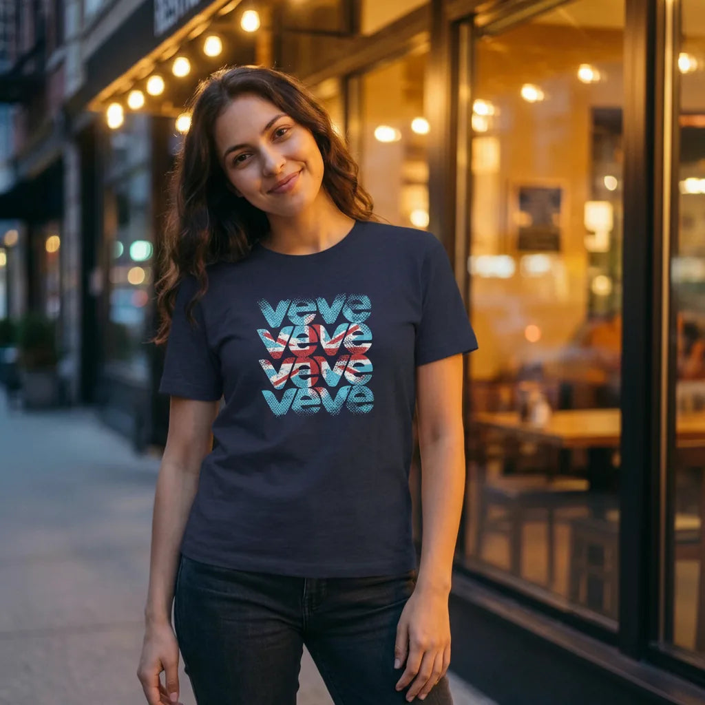 VeVe UK DesignerCon T-Shirt — midnight navy collector tee, modeled at urban night restaurant