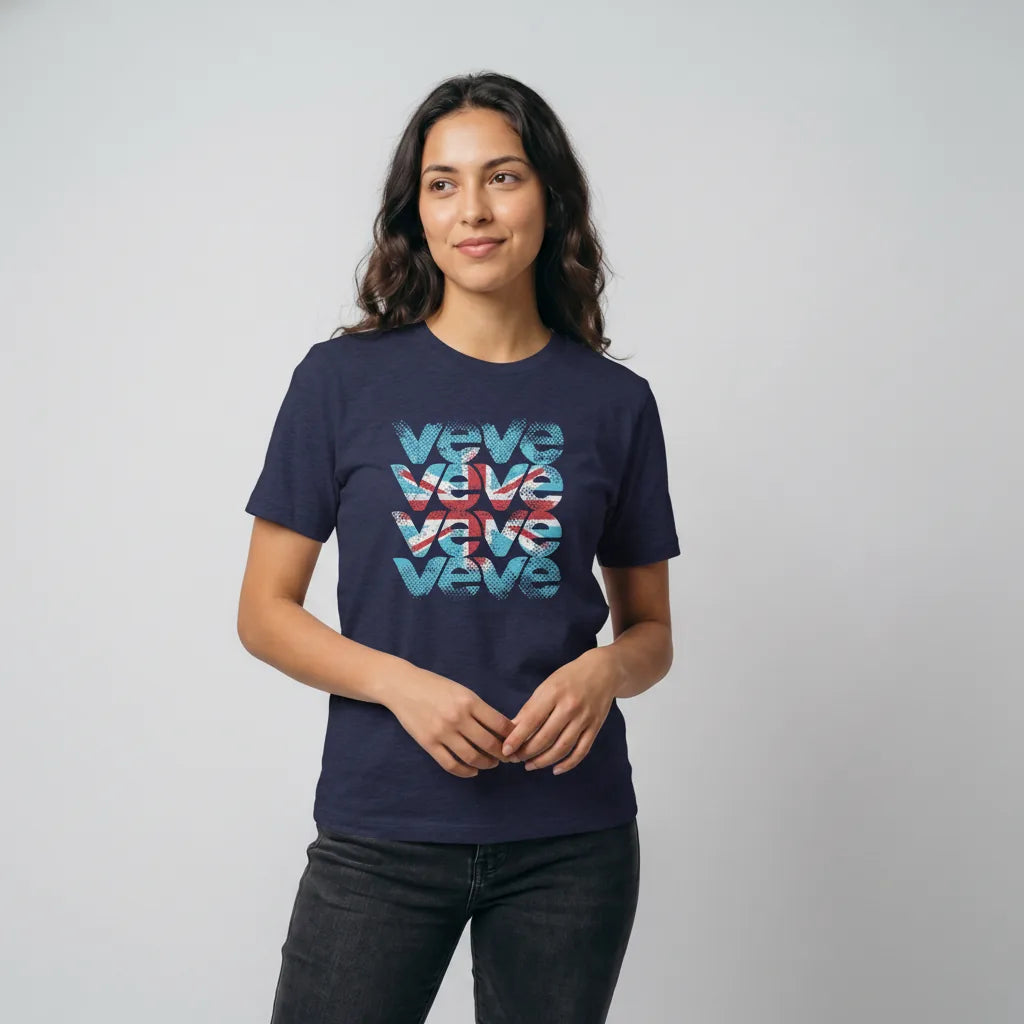 VeVe UK DesignerCon T-Shirt — midnight navy collector tee, modeled front view