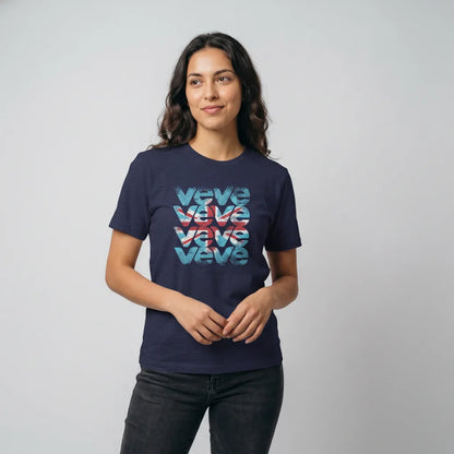VeVe UK DesignerCon T-Shirt — midnight navy collector tee, modeled front view