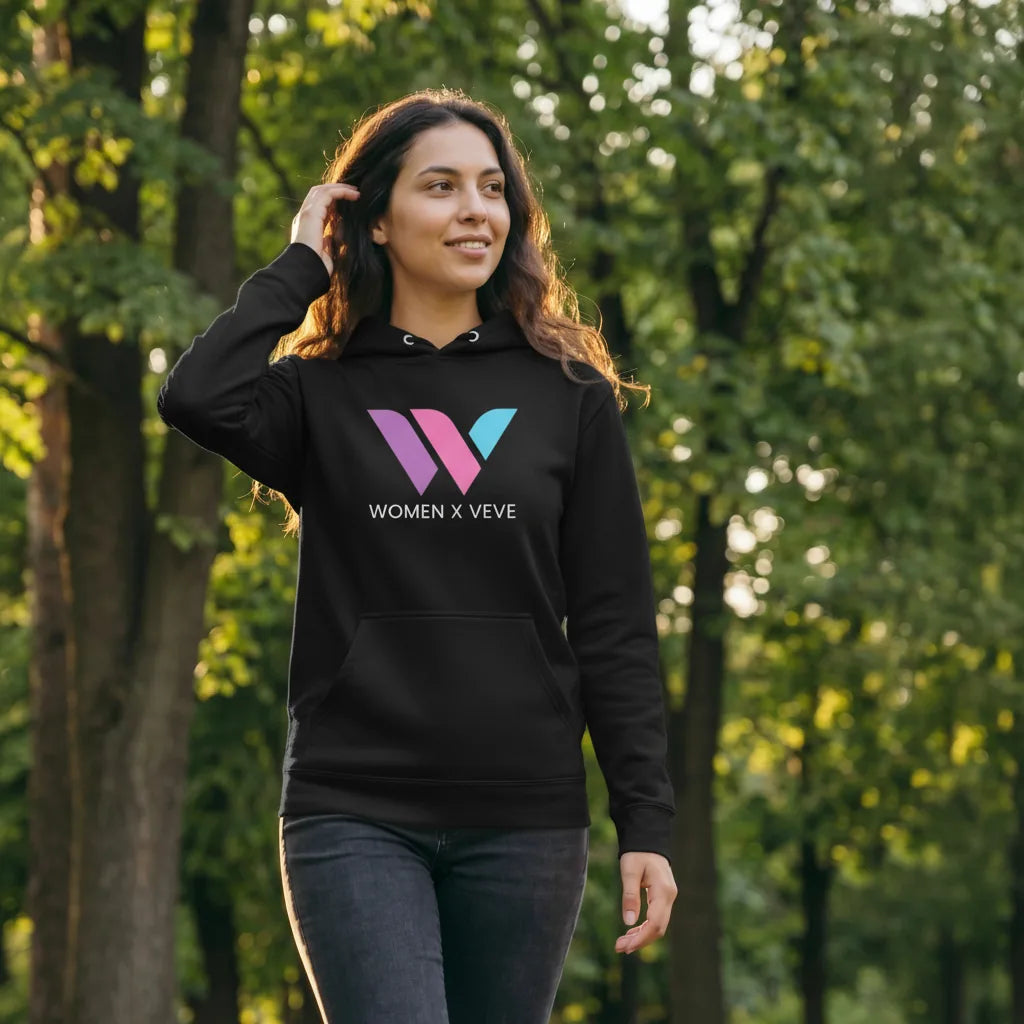 Women of VeVe Premium Hoodie — fandom collecting hoodie from Common Club, modeled outdoor park