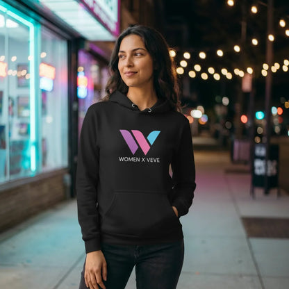 Women of VeVe Premium Hoodie — fandom collecting hoodie from Common Club, modeled at night street