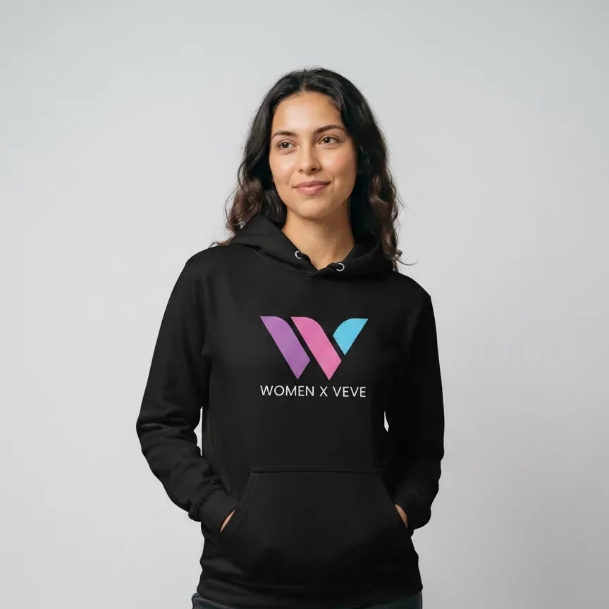 Women of VeVe Premium Hoodie — fandom collecting hoodie from Common Club, modeled front view studio