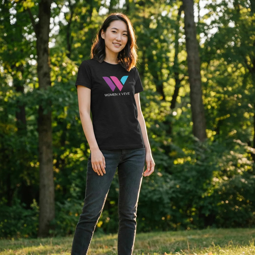 Women of VeVe T-Shirt — VeVe fandom tee in black, modeled at golden-hour park