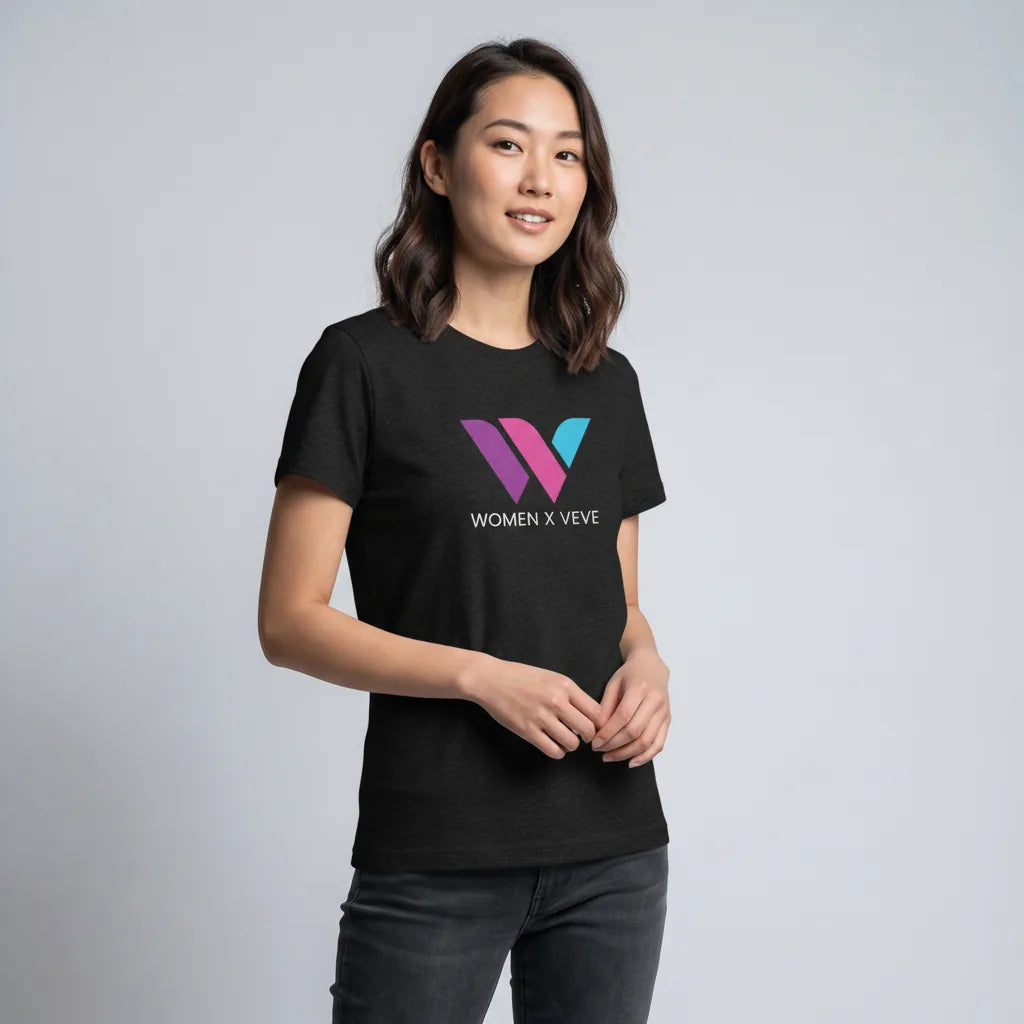 Women of VeVe T-Shirt — VeVe fandom tee in black for the community, modeled front view